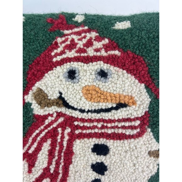 Hooked Wool Snowman Decorative Pillow 14x14" Green & Red Winter Holiday Home Dec - Picture 2 of 5